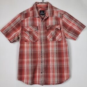 Prana Mens Organic Cotton Shirt Size Medium Red White Plaid Short Sleeve Snap